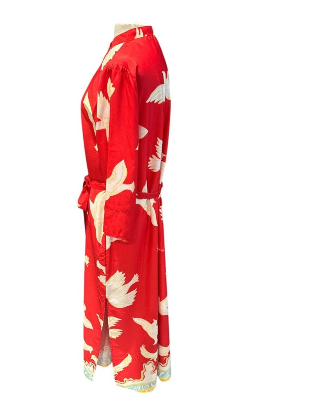 Moda Posa XL Red Bird Orint Maxi Dress Tue waist Mandarin Collar Boho Resort - Picture 3 of 11